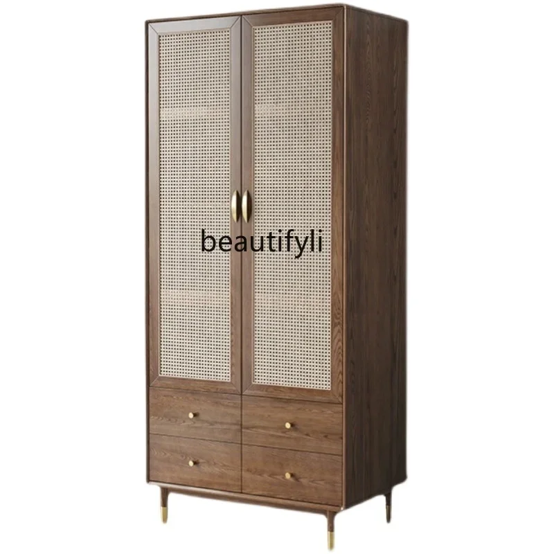 Solid Wood Wardrobe Home Bedroom Cabinet Double Door Storage Wardrobe Rattan Hanging Cabinet