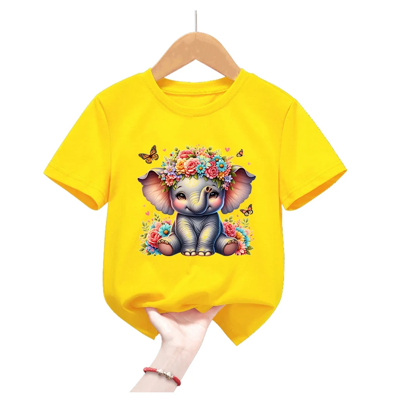 Giraffes/Elephants/Sloths/Dinosaurs/Elephants/Turtles Print Yellow T Shirt For Girls Kawaii Children'S Clothing Summer T-Shirt