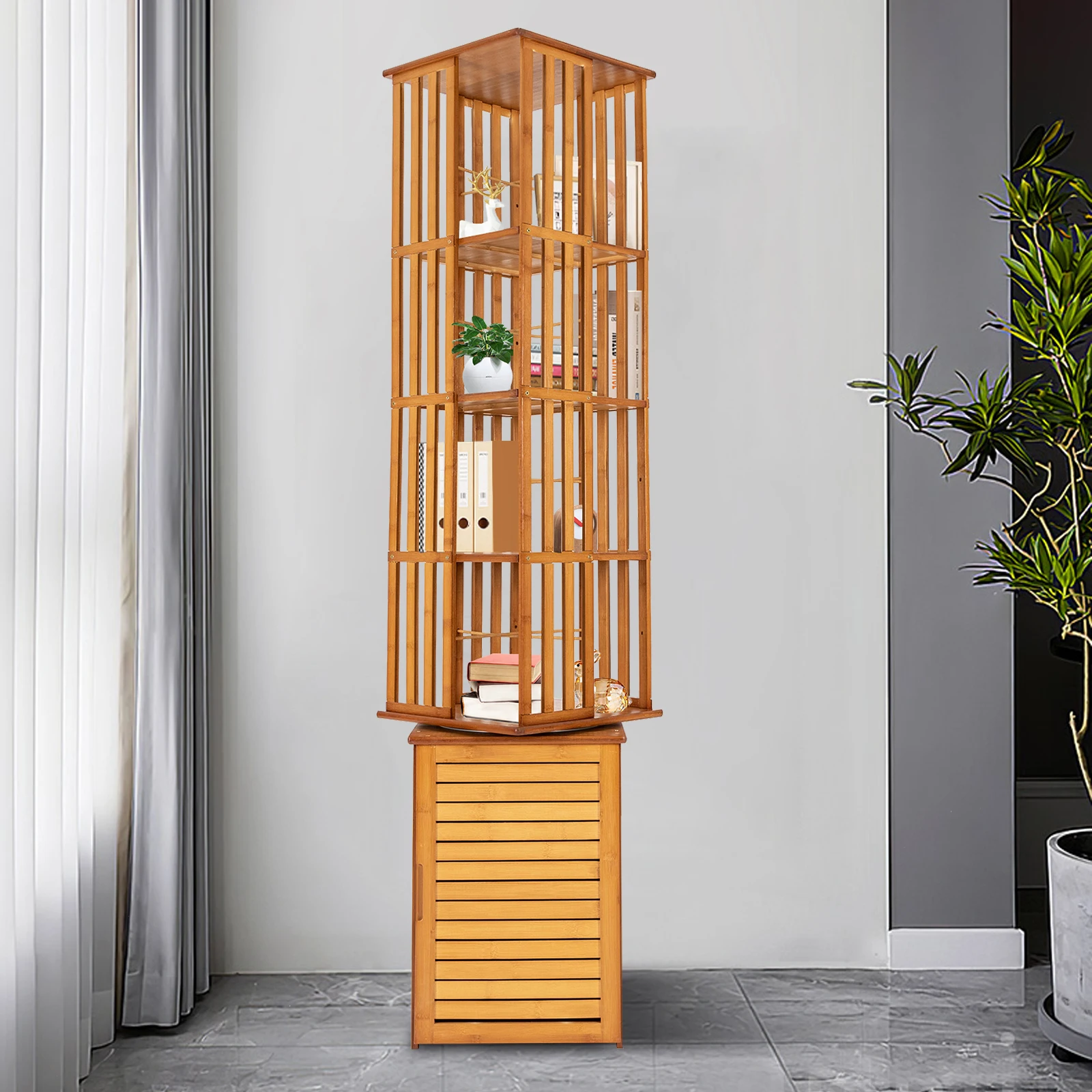 6-Tier Corner Bamboo Book Shelf Waterproof 360° Rotating Storage Display Rack Floor Standing Bookcase Shutter Door Design for Living Room Study Room Office,37*37*172cm image 3