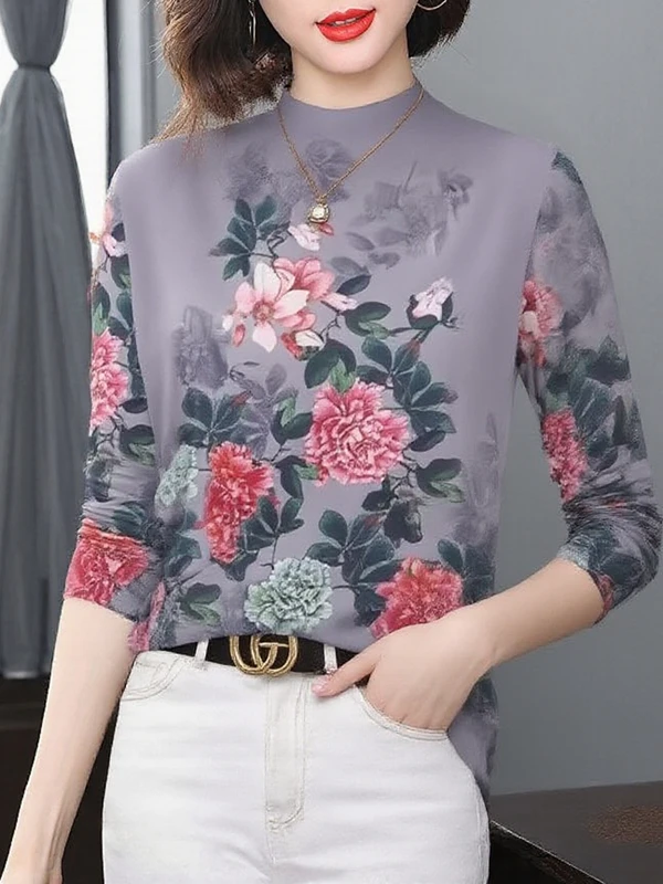 

Высококачественная теплая футболка с длинным рукавом и цветочным принтом, на флисовой подкладке, для женщин среднего возраста, в стиле Mommy, скрывающая живот, с эффектом омоложения