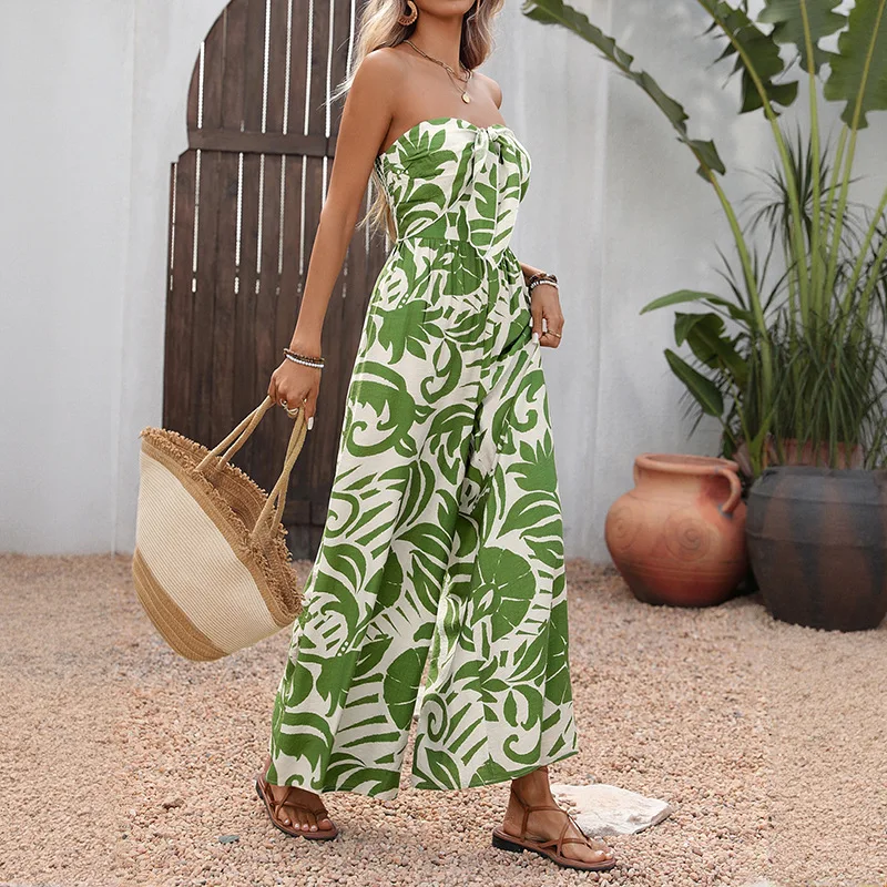 2026 New Summer Style Holiday Fresh Style Jumpsuit High Waist Tube Top Green Leaf Print Jumpsuit