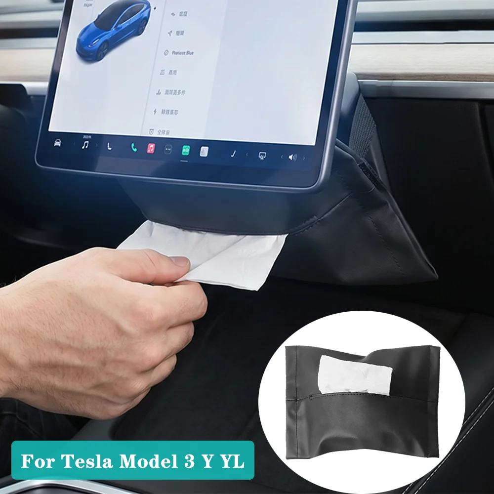 For Tesla Model 3 Y YL 2021-2026 Hidden Tissue Holder Box Suede Leather Seat Back Tissue Storage Bag Organizer Car Accessories