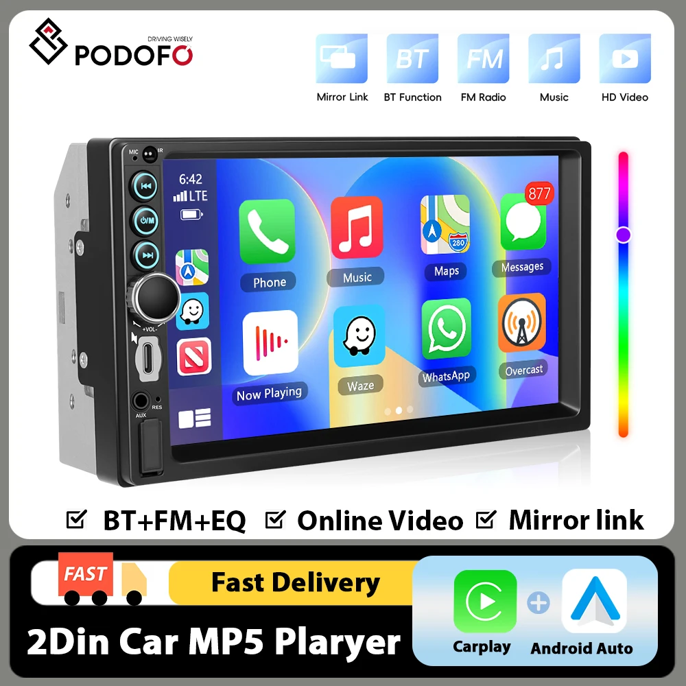 Podofo 2Din 7" HD Touchscreen MP5 Multimedia-Player Carplay Android Auto Mirror Link Autoradio BT FM Lenkradsteuerung