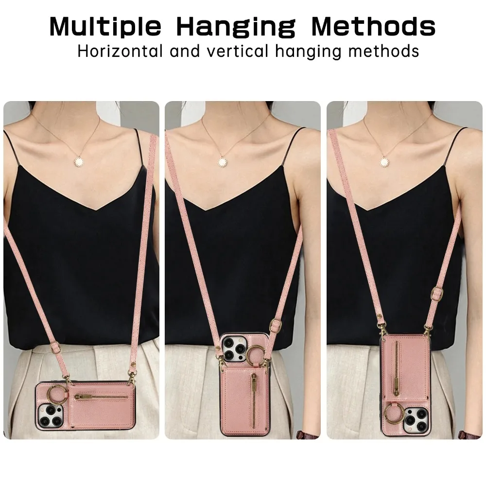 Crossbody Ring Card Holder Zipper Wallet Phone Case For iPhone 15 Pro Max 14 Plus 13 12 11 XS XR 7 8 SE 2020 2022 Leather Cover image 2