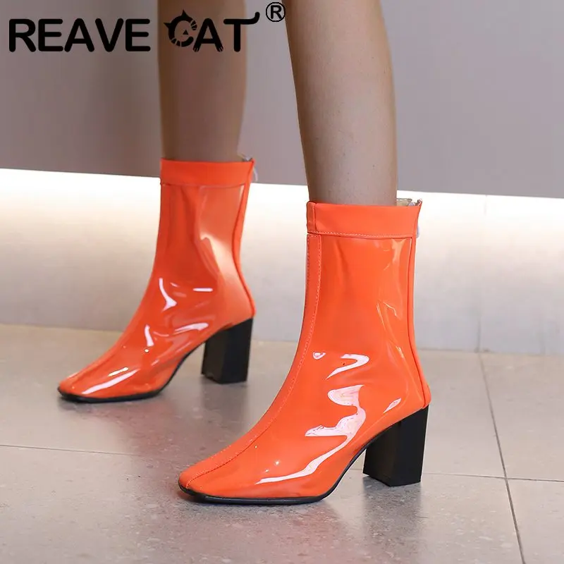 REAVE CAT 2023 Brand Ankle Boots Toe Chunky Heels 7.5cm Concise Daily Female Booties 43 44 45 46 47 48