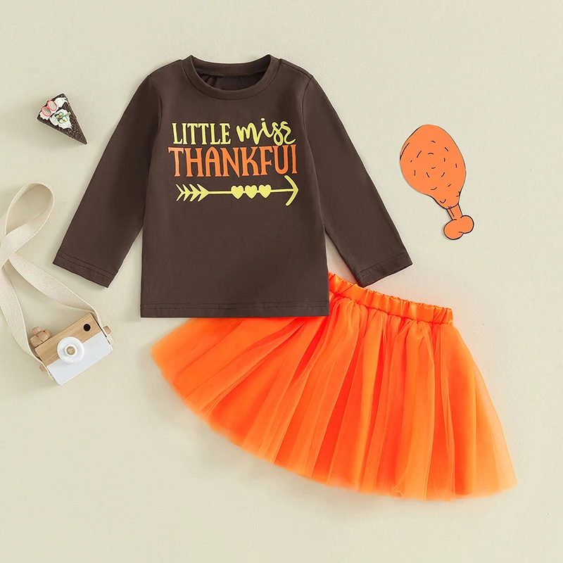 Girls Autumn Outfits Cute Letter Print Tee with Long Sleeves and Layered Tulle Skirt - 2-Piece Set for Thanksgiving