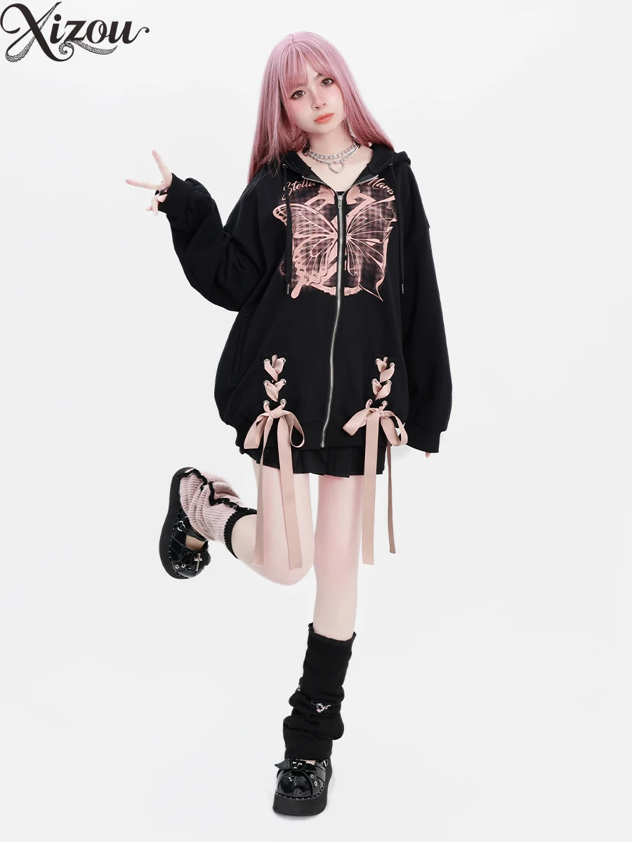 2025 가을 겨울 스웨트셔츠 여성 후드 재킷 루즈 리본 나비 프린트 지퍼 블랙 하라주쿠 스트릿웨어 캐주얼 코트 Y2k