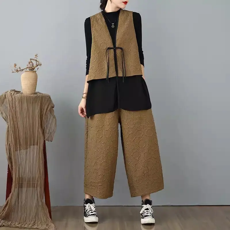 Vestito da donna in due pezzi di grandi dimensioni di moda 2024 autunno nuovo articolo gilet in stile cinese retrò Top pantaloni larghi a gamba larga Set K2329