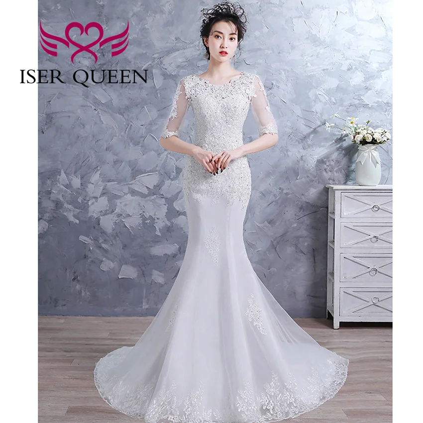 ที่กําหนดเองครึ่งแขน Slim Mermaid ชุดเจ้าสาวสําหรับงานแต่งงานลูกไม้ Appliques ประดับด้วยลูกปัด PLUS ขนาดชุดแต่งงานสําหรับผู้หญิง WD8002