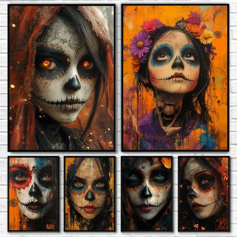 (No frame)Los Muertos Girl Day of The Dead Skull Makeup Portrait Posters and Prints Canvas Painting Wall Art Picture for Room