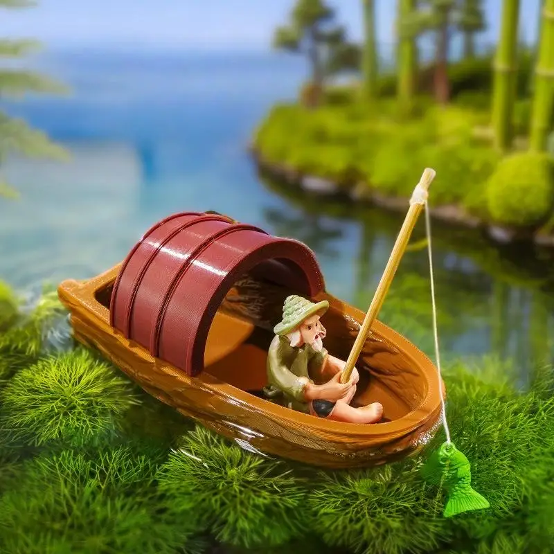 ● 1 Set Fish Tank Pond Landscaping Decoration Handmade Floating Boat Fisherman Mini Boat Model Aquarium Accessories