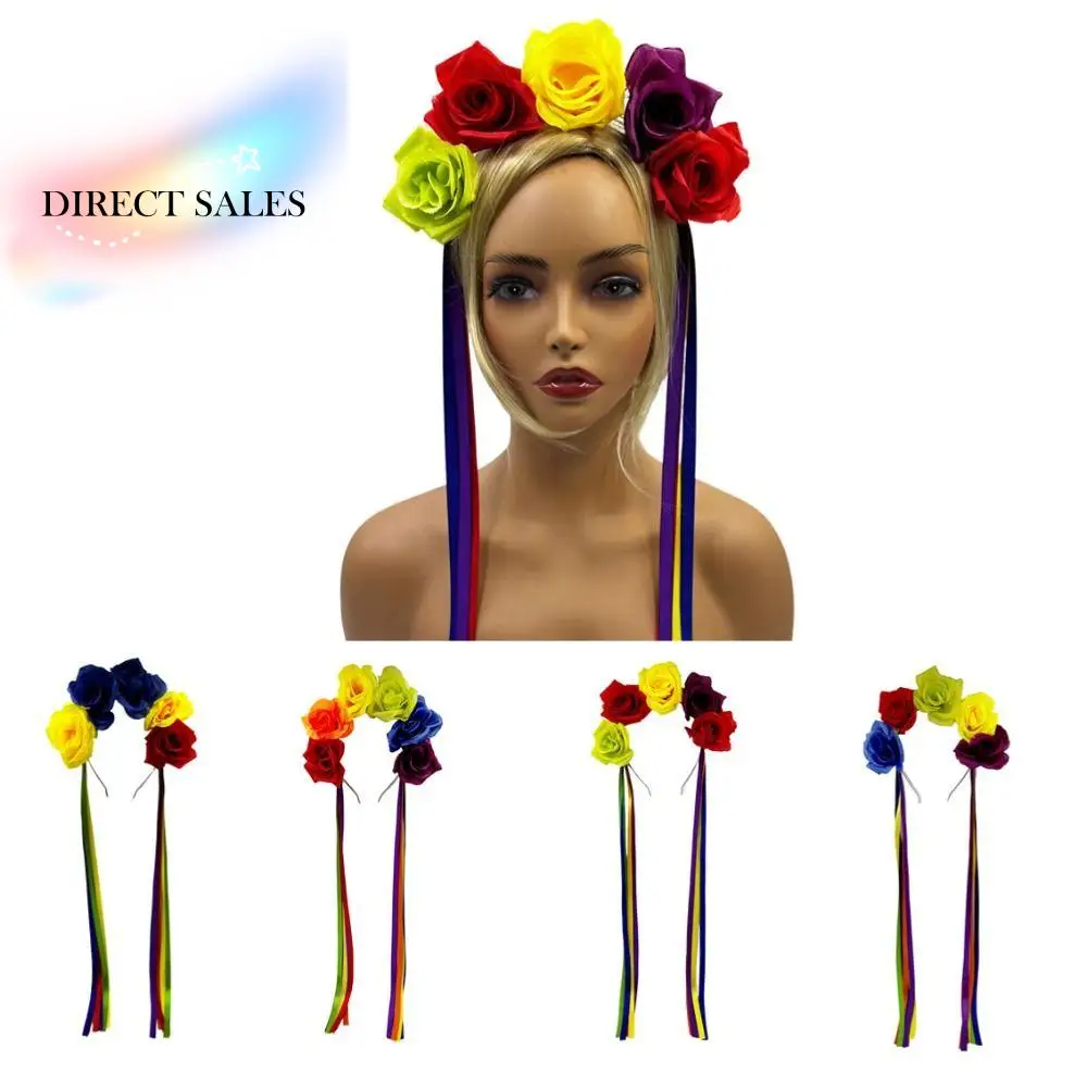 

Cute Rainbow Flower Crown Headband Artificial Flowers Elegant Rainbow Rose Hair Hoop Pride Day Soft Festive Party Hair Accessory