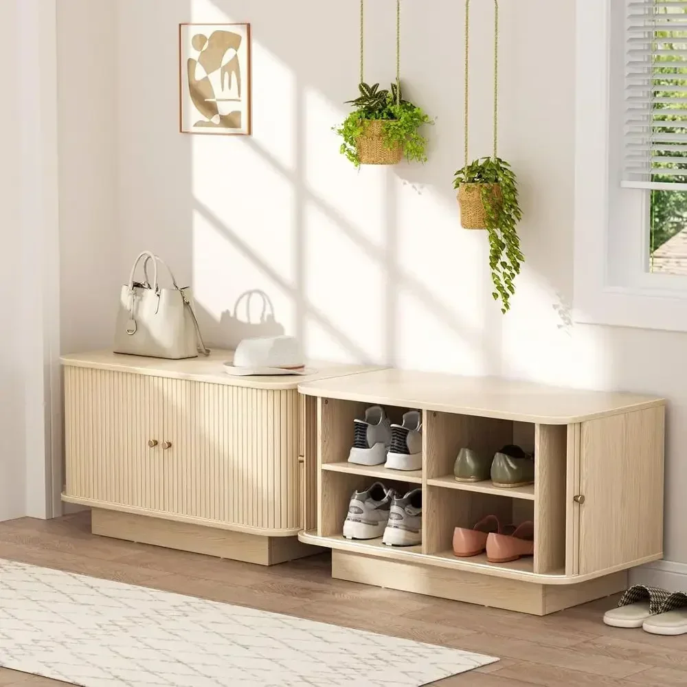 

AKMAKM 63" W Small Shoe Storage Bench, Shoe Bench Entryway with Sliding Doand Adjustable Shelvs, Wooden Low Cabinet or Hallway,