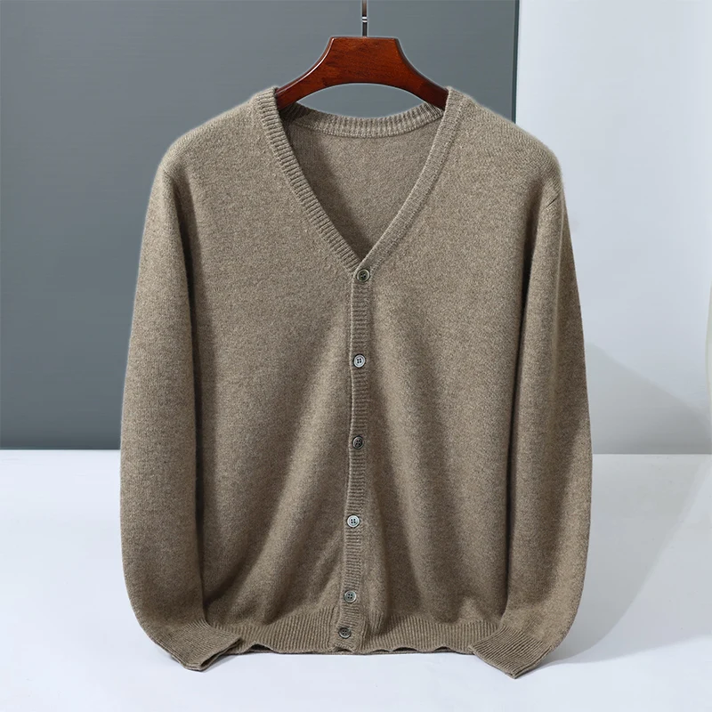 

Мужской кашемировый кардиган с v-образным вырезом, 100% вязаная рубашка из козьего кашемира, однотонный базовый элегантный повседневный свитер, осень-зима, толстые мягкие удобные топы