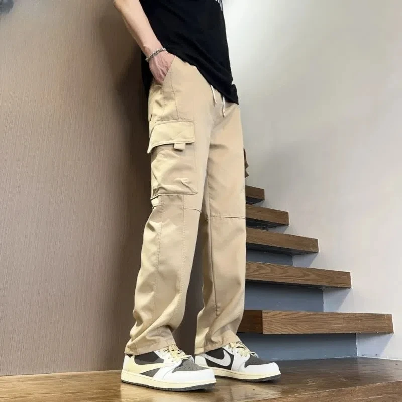 

Spring Autumn Preppy Style Men's Clothing Elastic High Waisted Pockets Trousers Bloomers Cargo Drawstring Wide Leg Pants