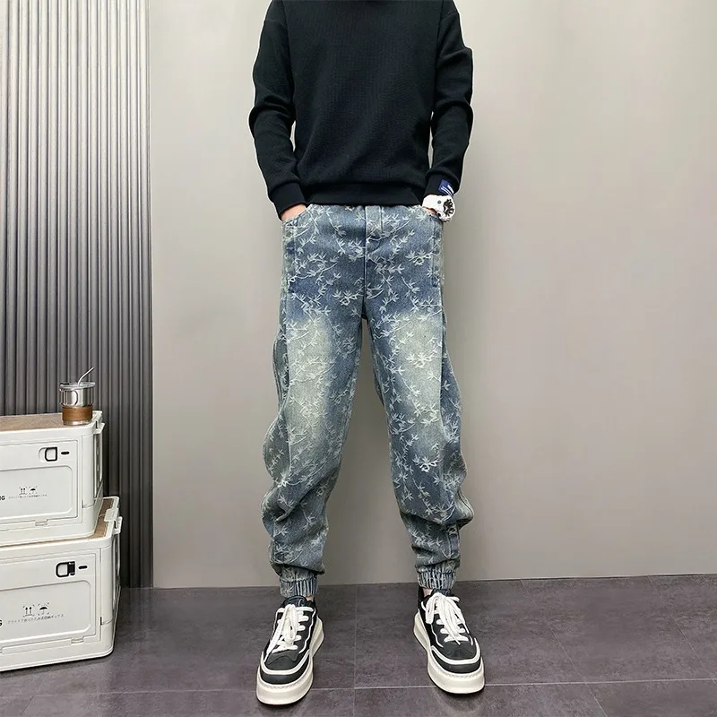 

Summer Men's plus Size 250 Pou Harajuku Sle Jeans Trendy Long Pants Faionable Casual Wear Polyester Fiber Stand Fit