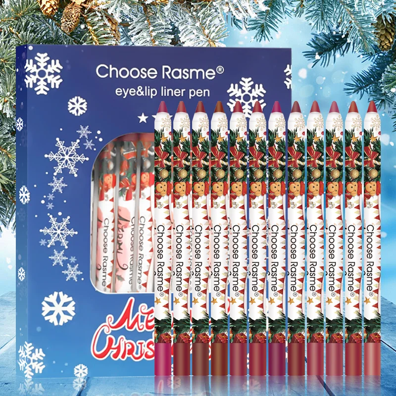 Christmas 12pcs Lip Liner Set - Long lasting waterproof - Easy to paint lip outline ideal for everyday use and festive wear