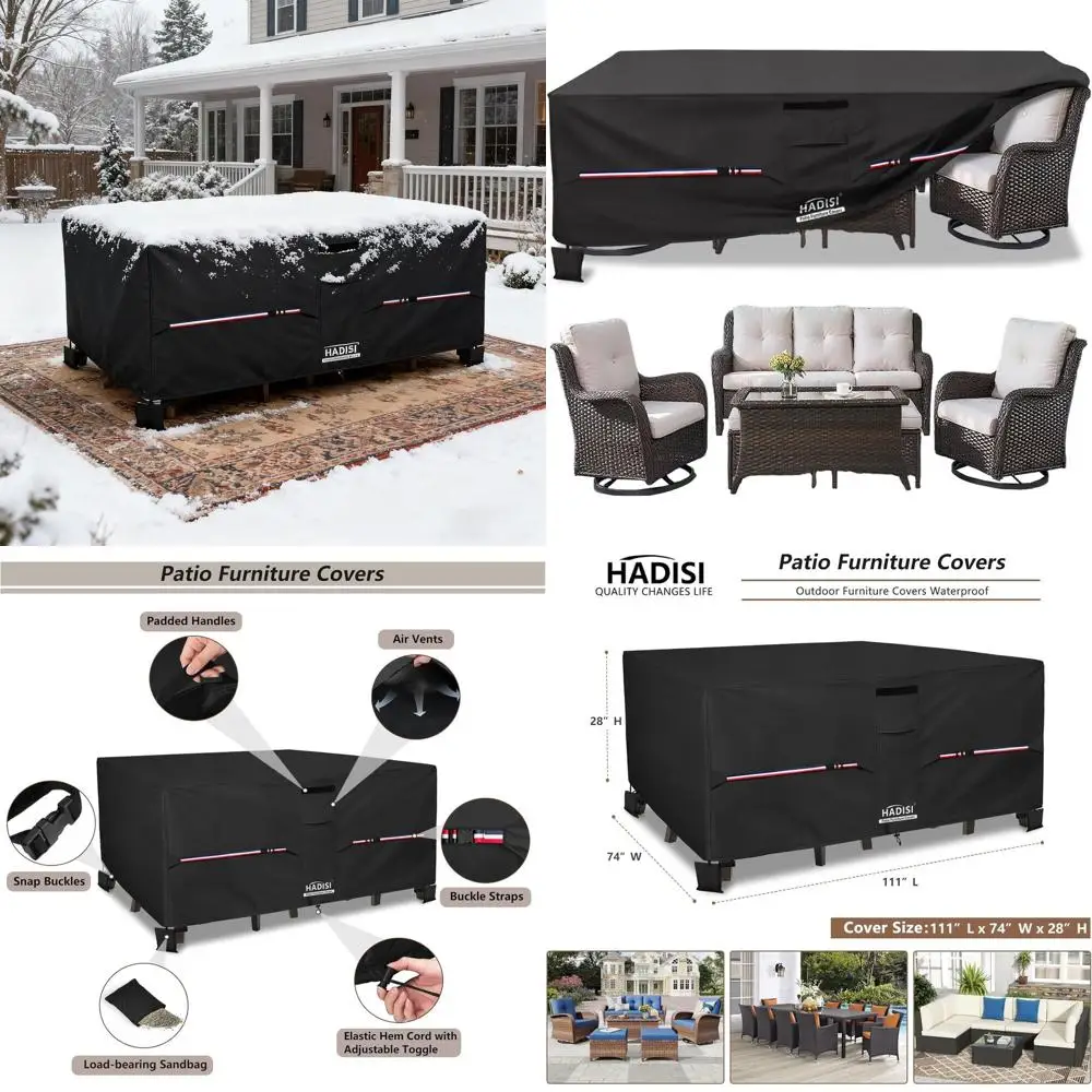 Waterproof 600D Heavy-Duty Rectangular Patio Table & Chair Cover, 111L x 74W x 28H, Black