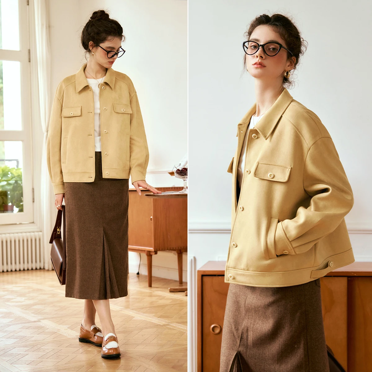 OLrain Office Lady Short Faux Leather Jacket Women Autumn 2026 New Loose Lapel Jackets Casual Elegant Velvet Tops GN56QW93599