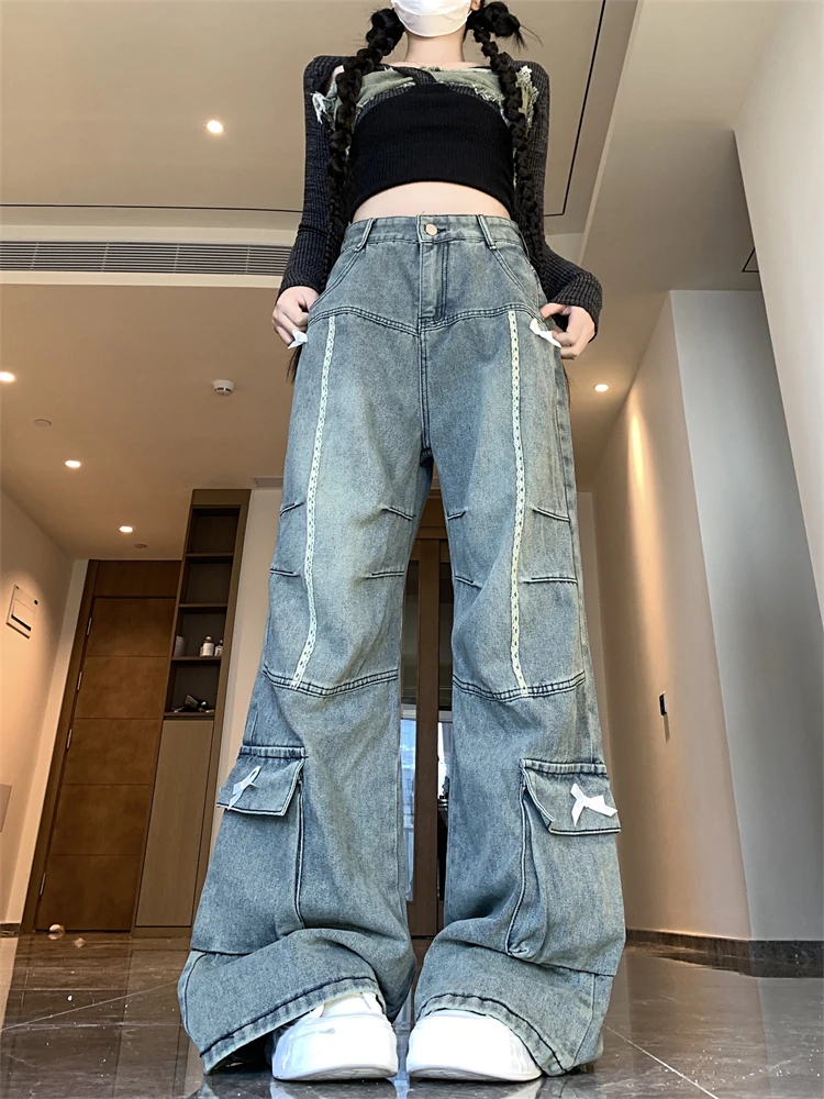 

Women's Lace Bow Design Vintage Straight Wide Legs Jeans Cool Girl High Waisted Streetwear Trouser Female Casual Denim Pants