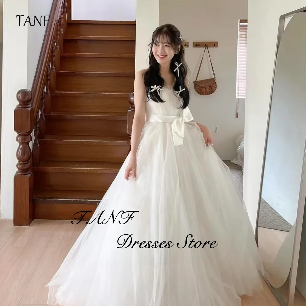 TAFN  Simple A-line Strapless Korea Wedding Dresses Photo Shoot Pleat Soft Tulle Dress Customized Corset Formal Party Gown