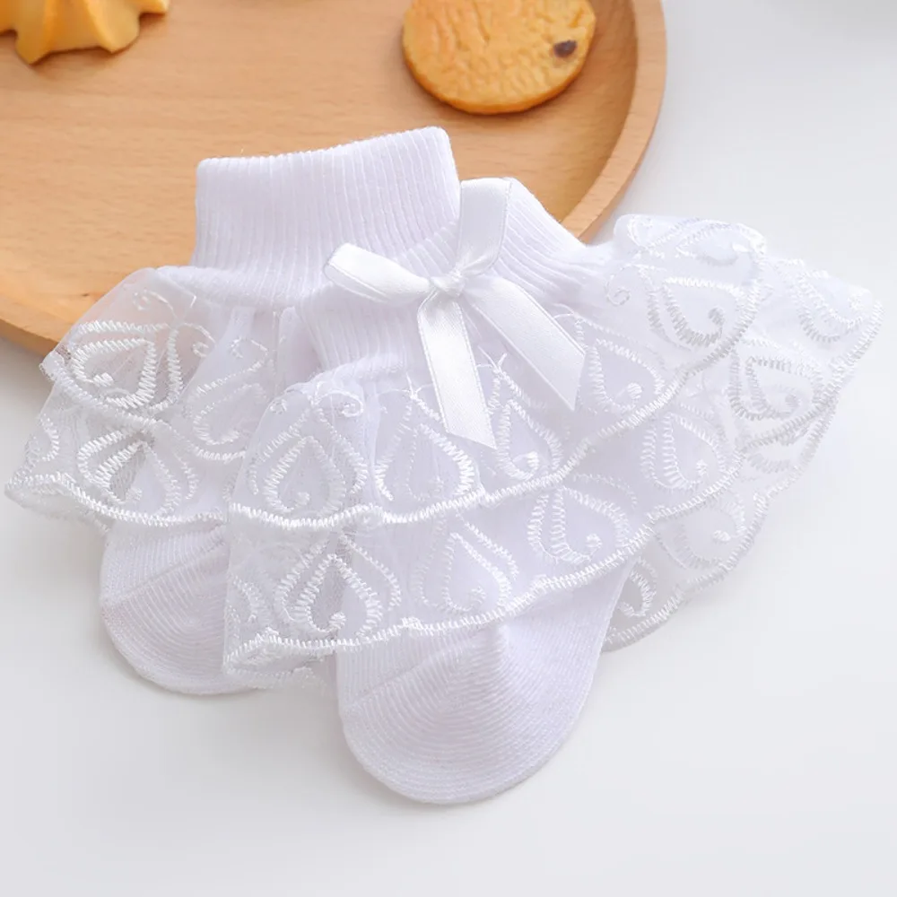 

Comfortable Double-Layer Girls Lace Socks Soft Elastic Fit Princess Bow Dress Socks Thin Breathable Toddler Ruffle Ankle Socks