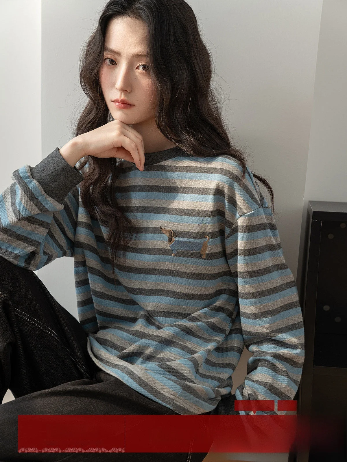 

Loose Fit Striped Long Sve round Ne T-irt Women's Sle Korean Commute Cotton Polyester Blend Autumn New Design Slimmi...