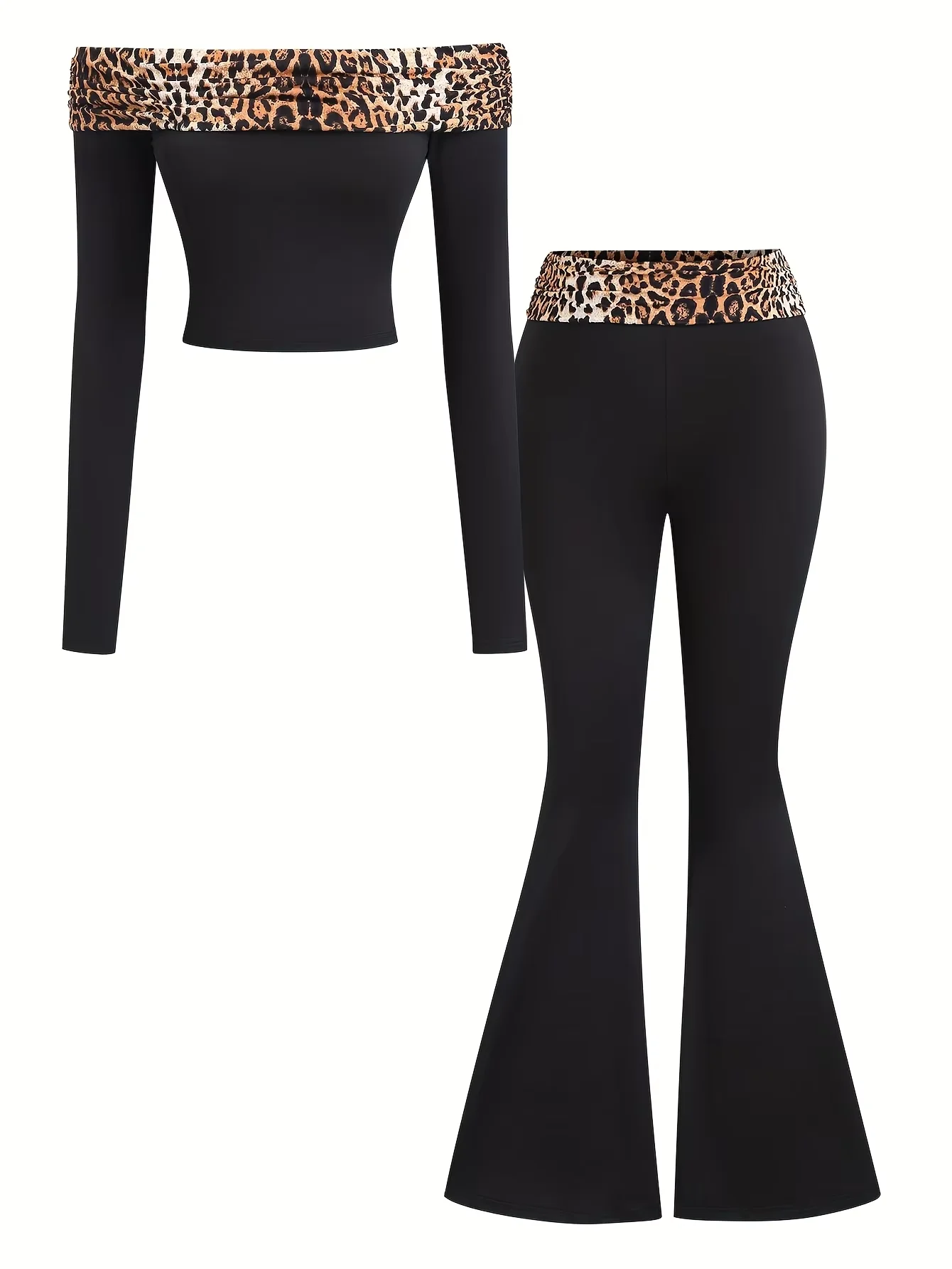 plus Size Fashion High Elasticity Leopard Print Single Shoulder Short Top with Wide Leg Pants Casual Set