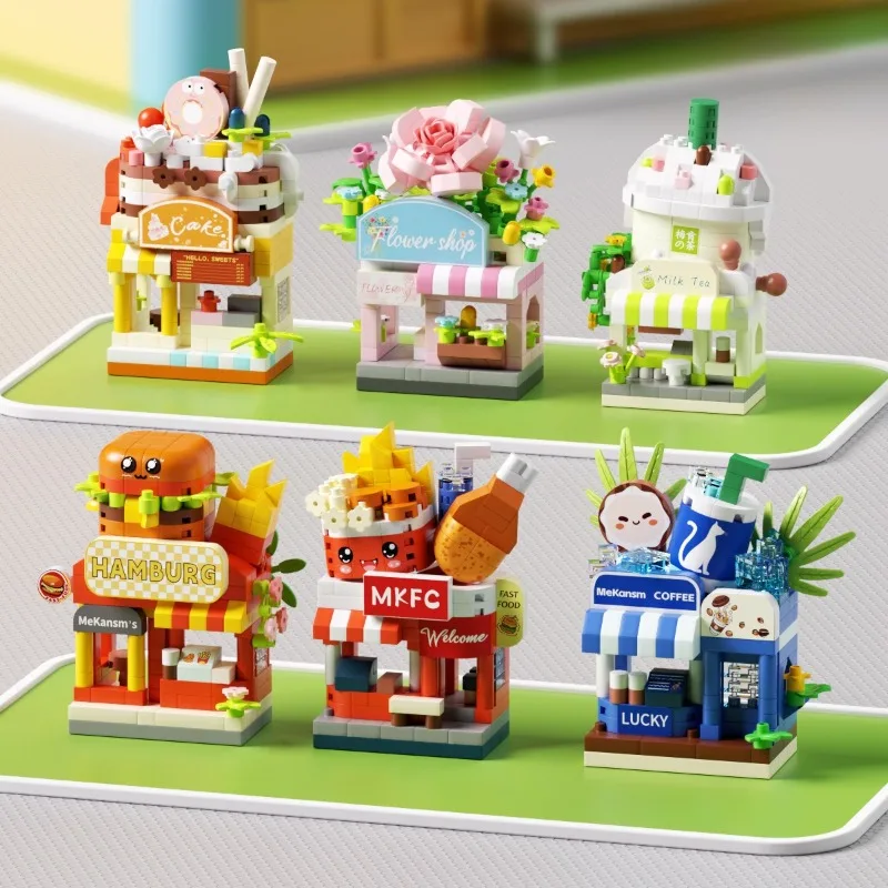 

City Street View Mini Building Blocks Set Shops Food House Assemble Brick Flower Shop Model Kids Toys Home Decoration Girl Giift