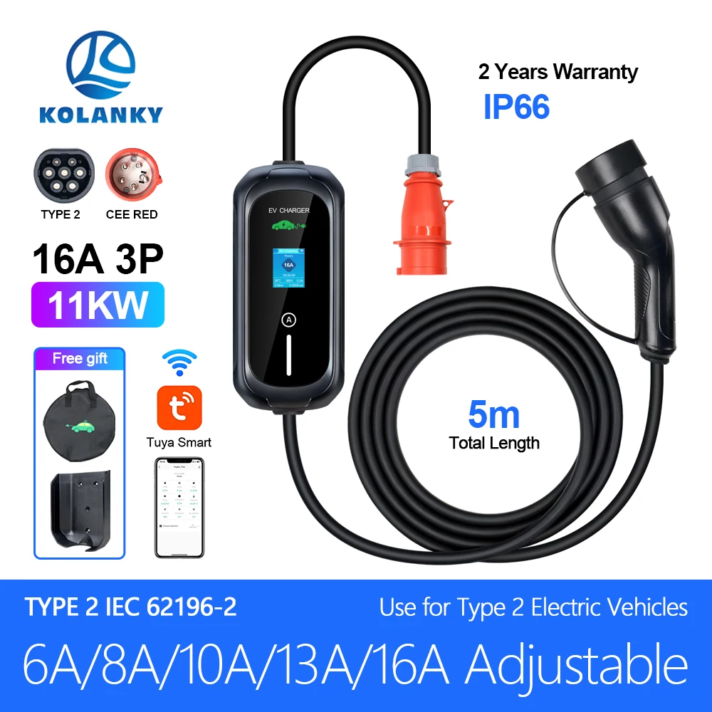 

Kolanky 16A11KW 3P Зарядное устройство для электромобилей Портативное зарядное устройство для электромобилей Type 2, управление через приложение Wi-Fi, зарядное устройство EVSE, домашнее зарядное устройство, электромобиль, гибридные автомобили