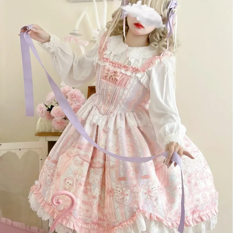 NONSAR Sweet Lolita Style Princess Dress Women Kawaii Cat Printed Bow Ruffles Pink Strap Dress Summer Harajuku Party Dresses