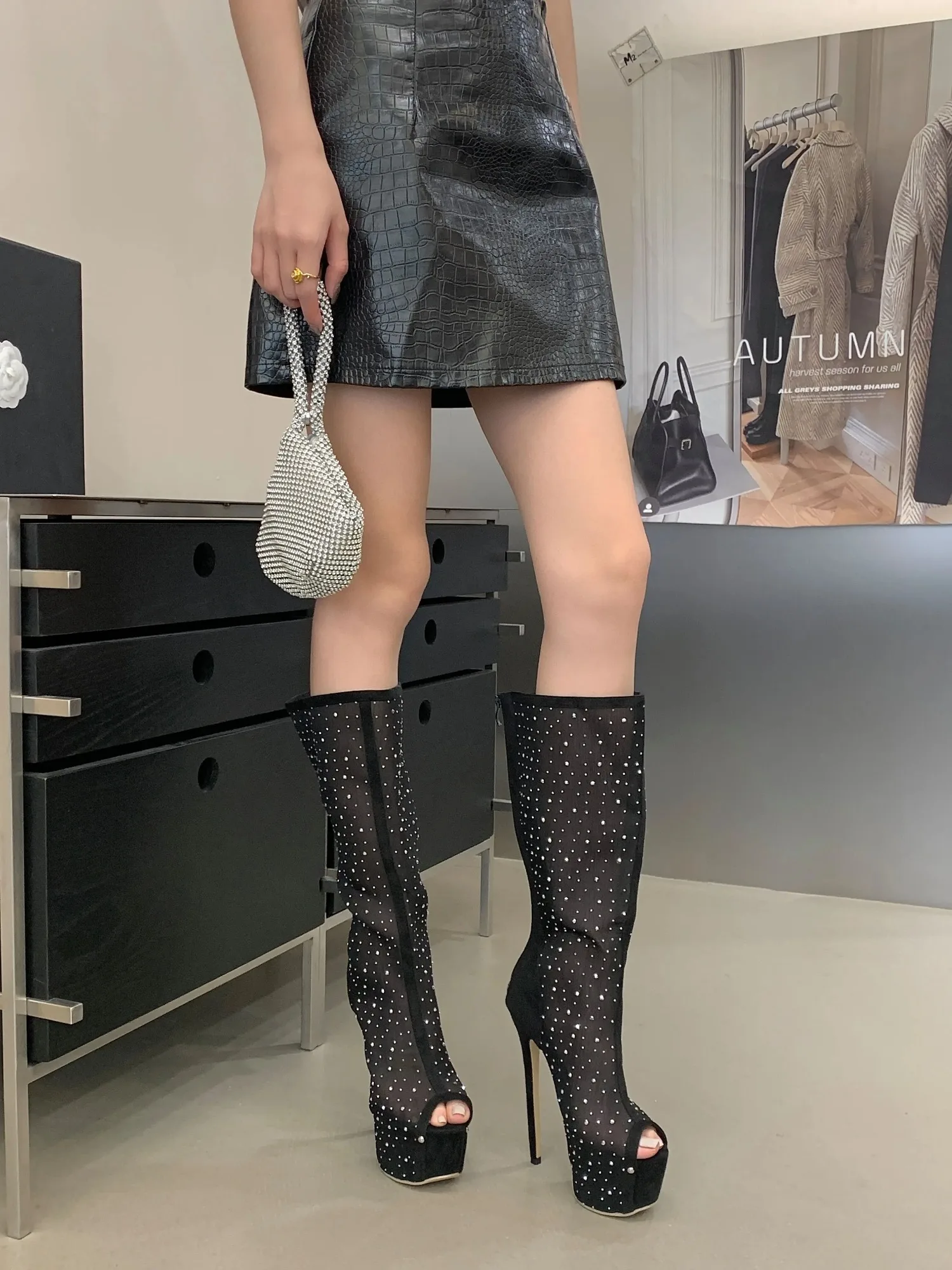 European Black Rhinestone Mesh Platform Mid Calf Sandal Boots, 16.3CM Stiletto Heel with 5.8CM Thick Sole Peep Toe High Heels