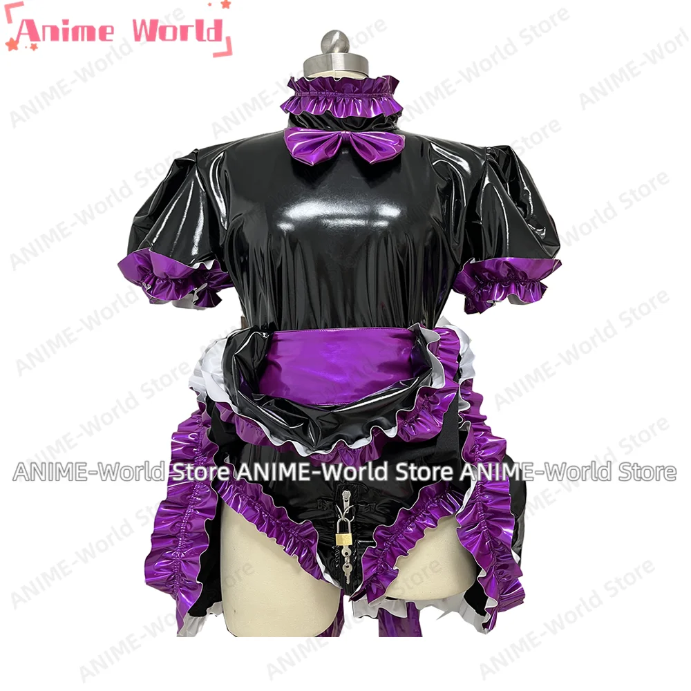 

《Нестандартный размер》Платье горничной с замком, запираемые трусики из ПВХ, искусственная кожа, с короткими рукавами, запираемая униформа на Хэллоуин