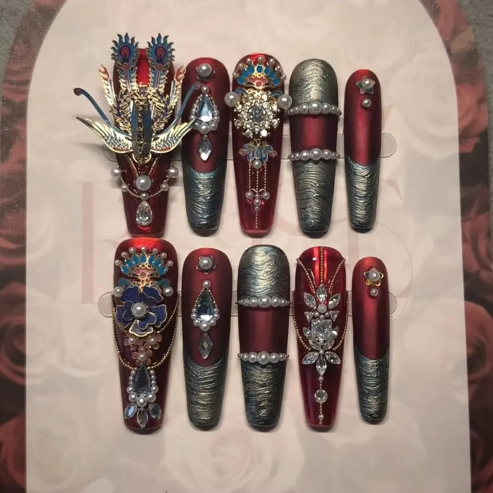 Chinese Wedding Press On Nails Extra Long Coffin Enamel Phoenix Charms Burgundy Gold Pearl Rhinestone Heavy Duty Nail Art Set