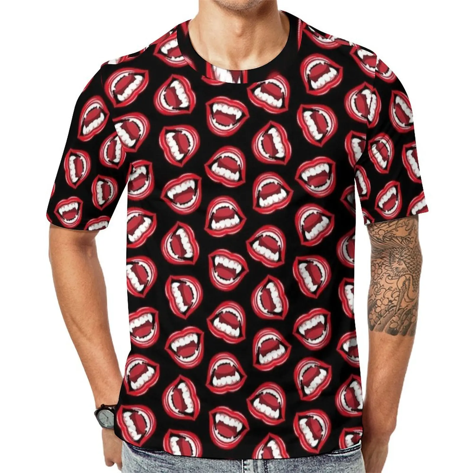 Couple Black Background Open Red Mouth Repeat T Shirt Hip Hop T Shirts Short Sleeve Design Tops Y2K Casual Plus Size Clothes