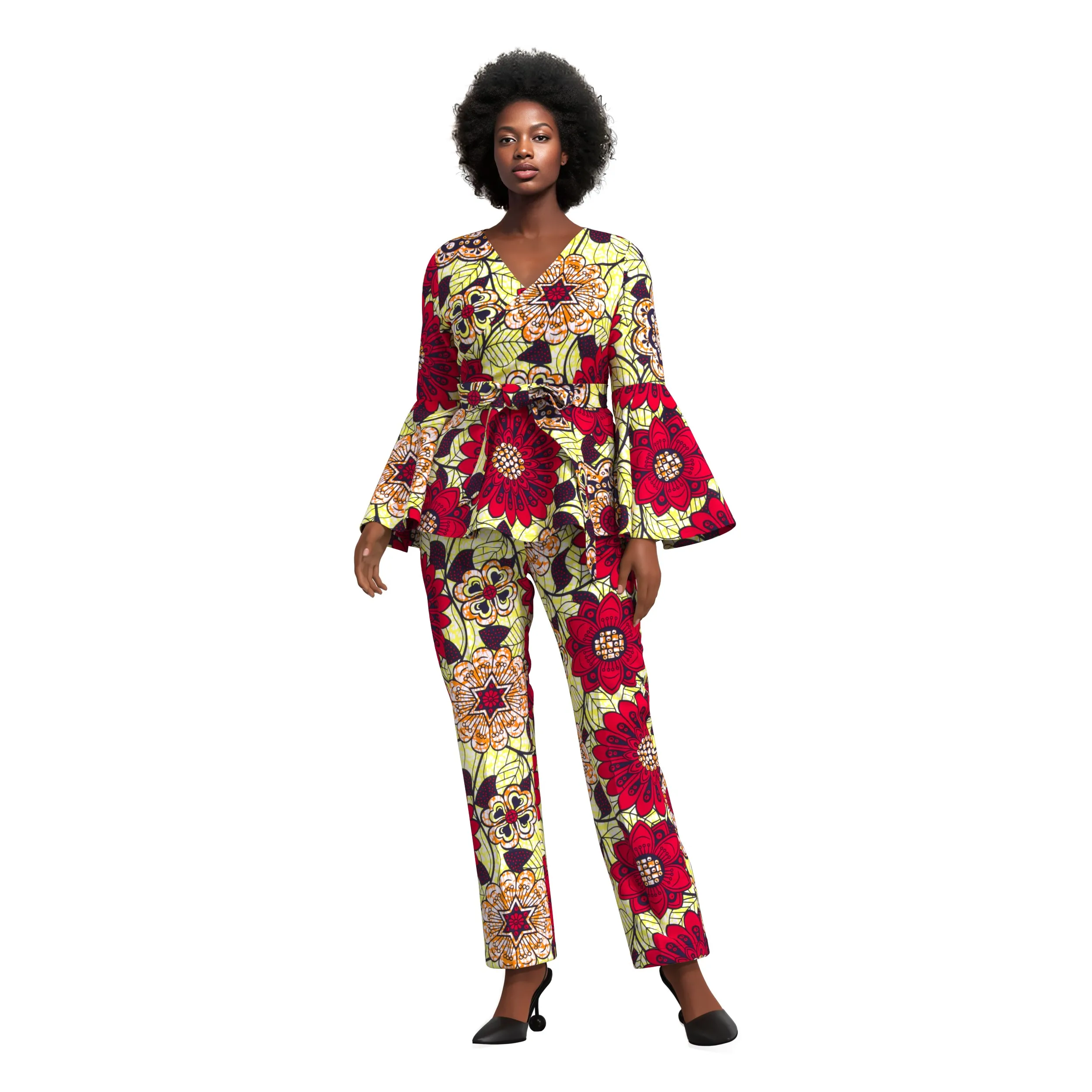 African Women 2 Piece Outfit, Bell Sleeve Wrap Short Top Matching Belt Straight Long Pants Ankara Wax Print  WY10636