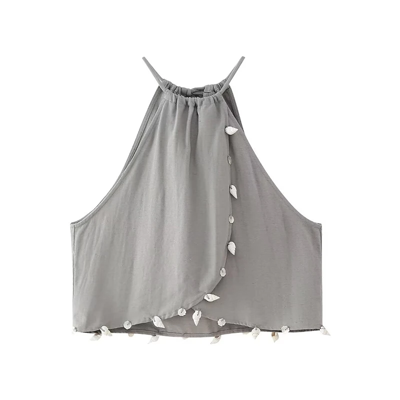 ZHUISHU 2024 Summer Women Fashion Suits Grey Solid Halter Neck Camis Top + Drawstring Female Straight Wide Leg Long Pant