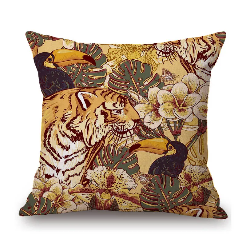 Tropical Plant Flower Animal Tiger Toucan Humming Birds Summer Washable Cotton Linen Home Decor Throw Pillow Case Cushion Cover