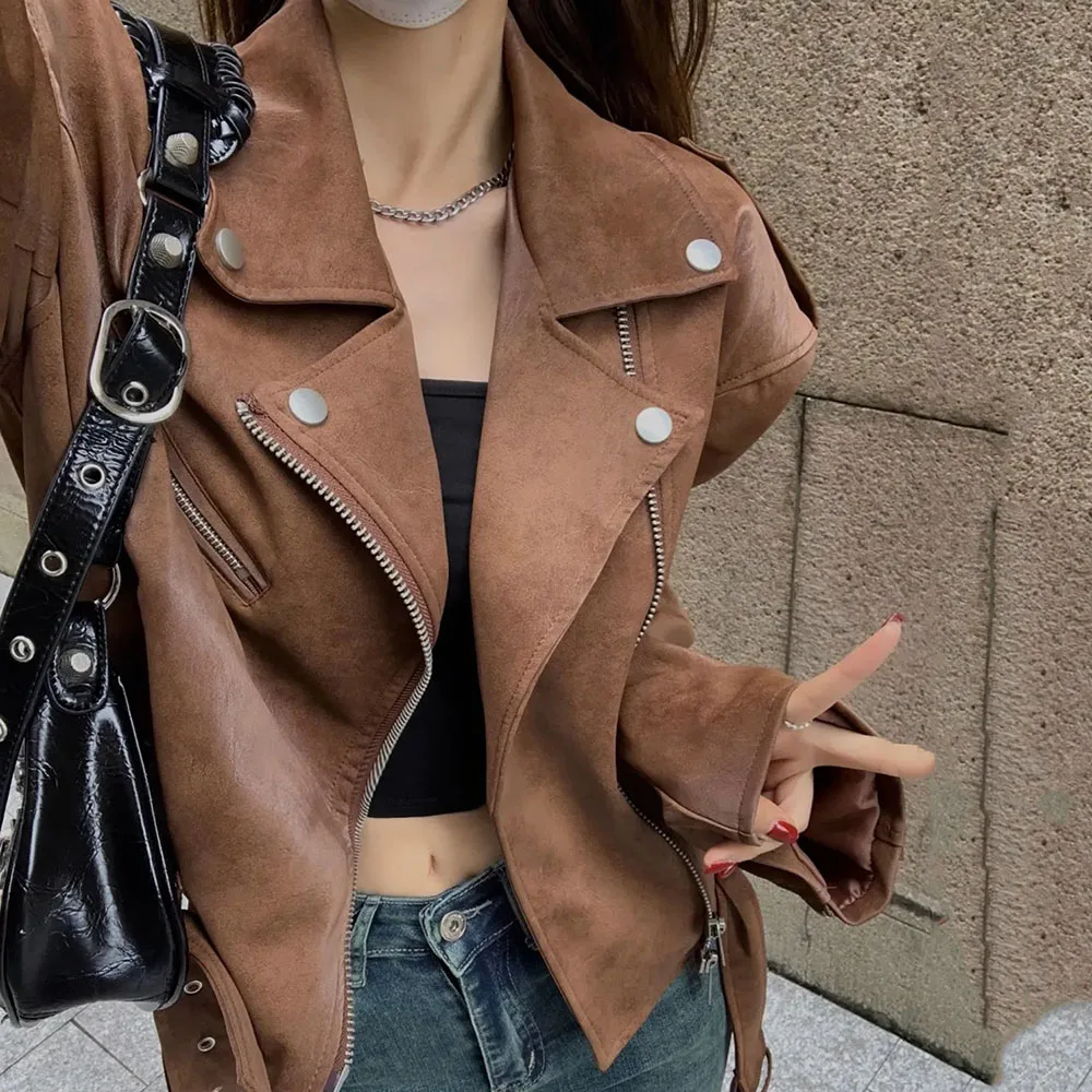 Veste en daim à manches longues pour femme, manteau en cuir PU, fermeture éclair, marron, mince, court, monochrome, coréen, mode, automne, hiver,