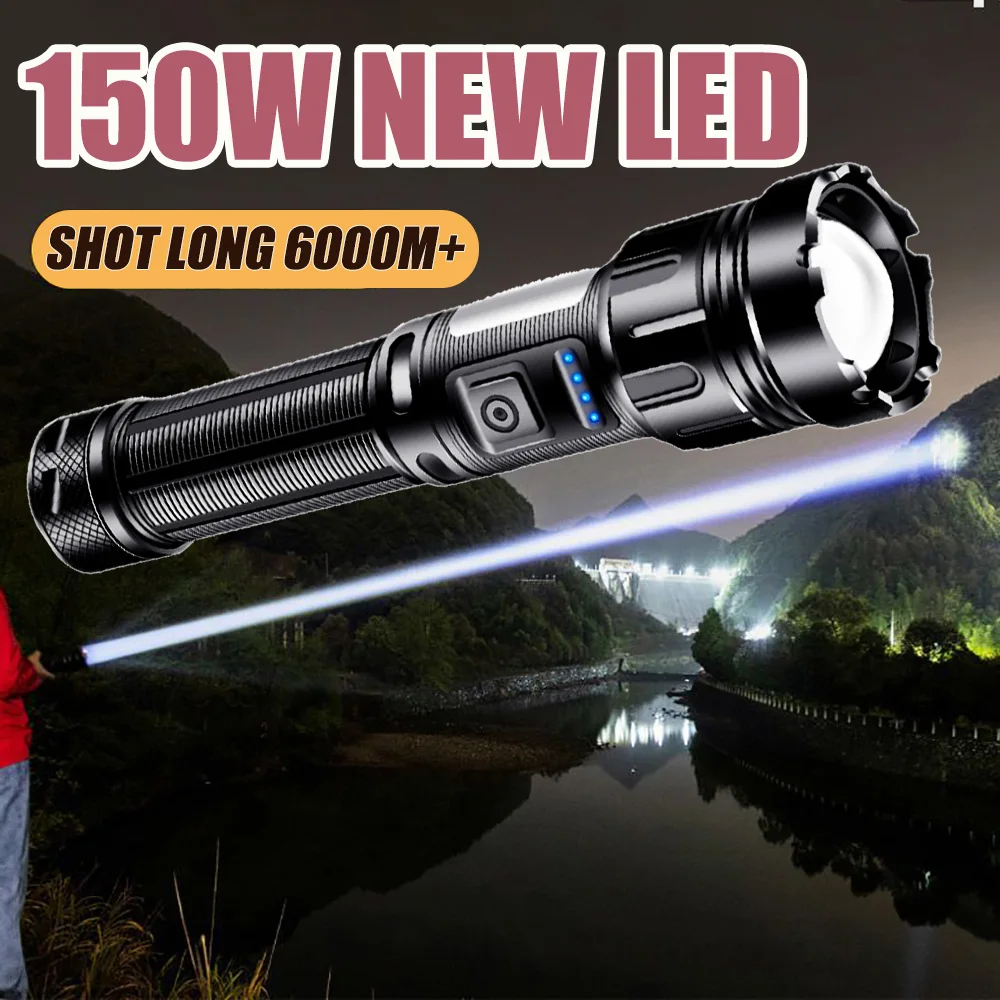 

6000 Meters Long Throw LED Flashlight COB Work Light TYPC-C Rechargeable Spotlights 21700 Battery White LED Tactical Flashlights