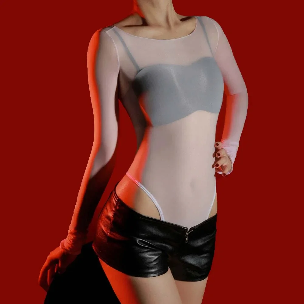 Sexy Women 5D Thin High Cut Bodysuit Oil Shiny Sheer See Through Elastic Tights Yoga Shaping Maid Jumpsuits Unisex Club Leotard