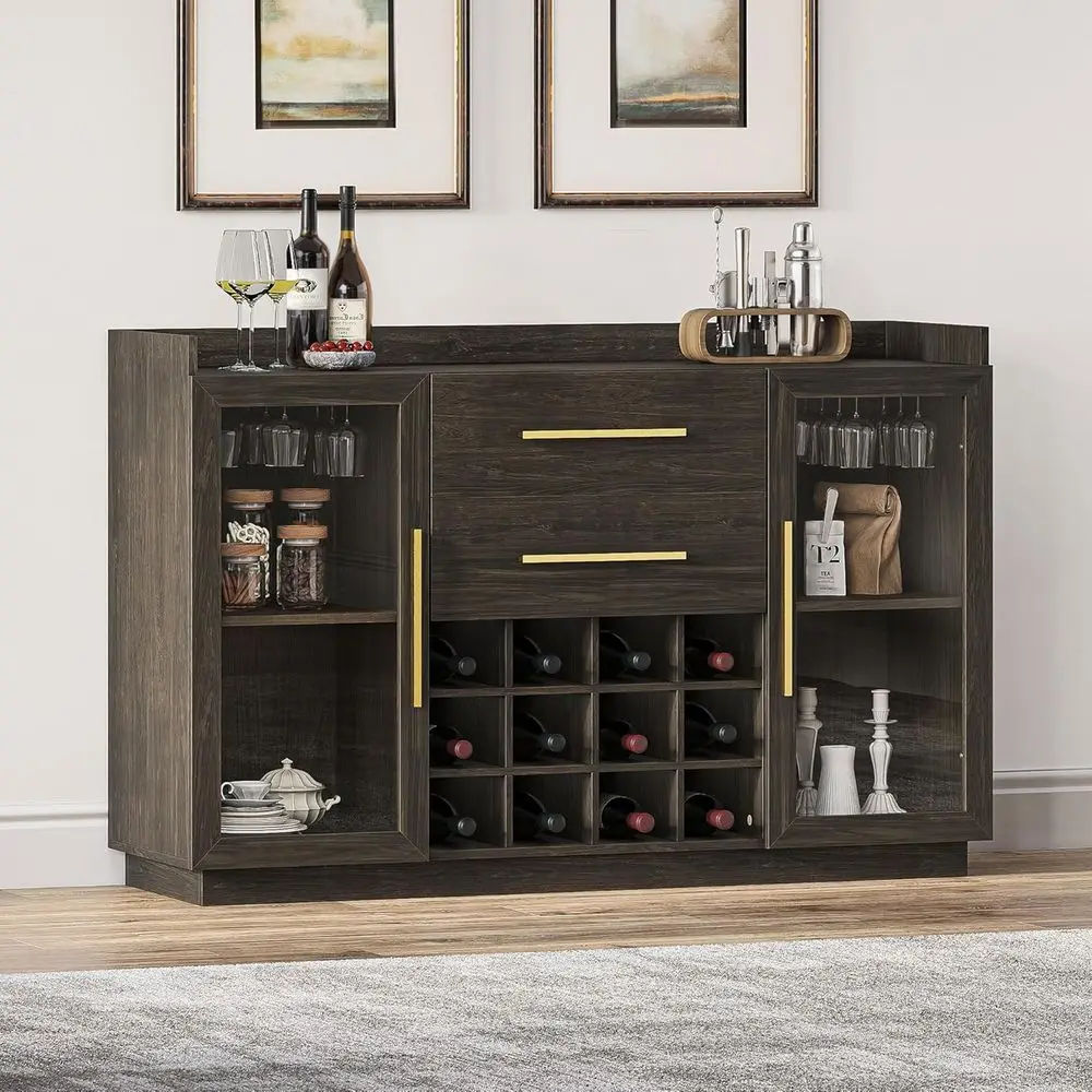 

Brown Home Coffee Bar with Glass Door, Wine Rack & Glass Holder for Living/Dining Room