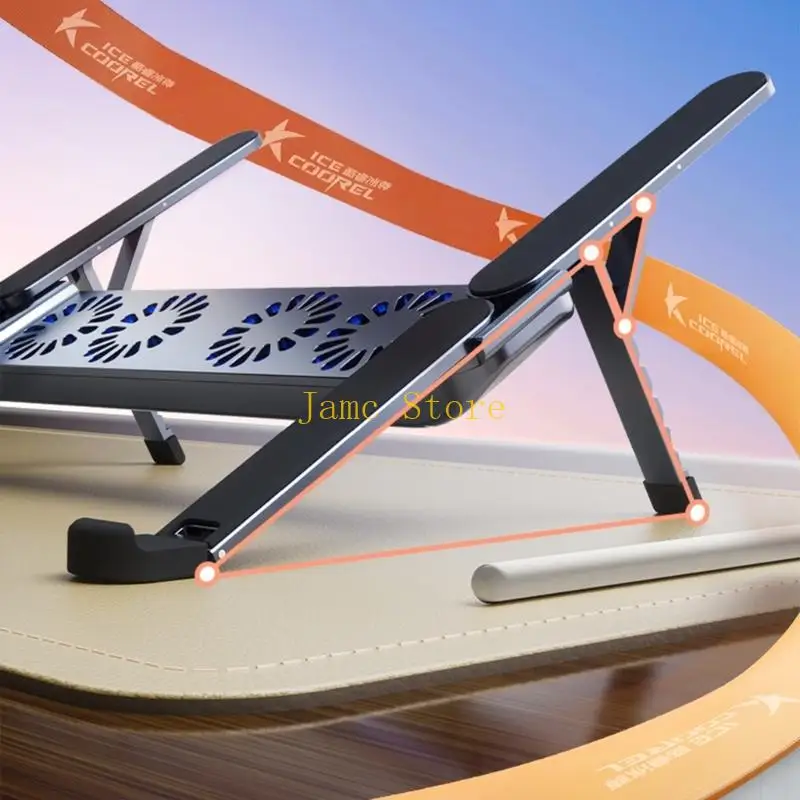 LX0B مبردات كمبيوتر محمول هادئة من الألومنيوم بتصميم قابل للطي حامل متعدد الزوايا للأجهزة اللوحية نظام تبريد محمول مقاس 10-17