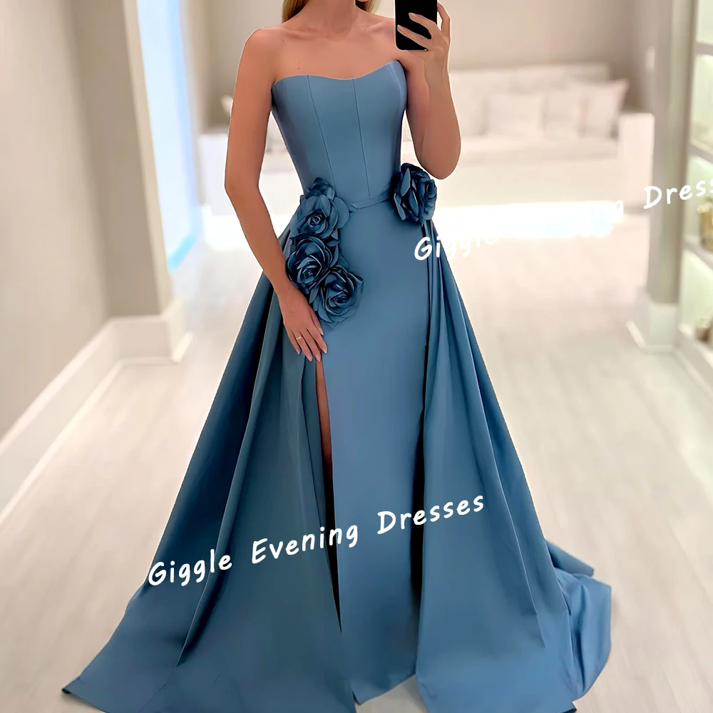 Giggle Satin Strapless Flowers A-Line Customized  Prom Gown Saudi Arab Summer Floor-Length Evening Party Dresses for Women 2024