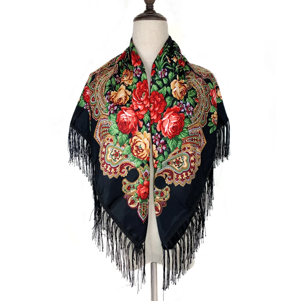 Russian National Square Scarf for Women Luxury Floral Print BandanaHead Scarves Ladies Fringed Winter Scarves Blanket Shawl