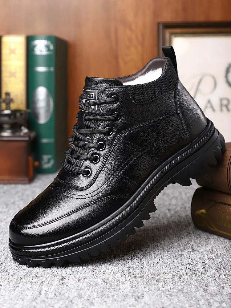 

Мужские зимние высокие ботинки Yearcon из хлопка с теплой флисовой подкладкой, нескользящие, повседневные, кожаные, для мужчин среднего и старшего возраста