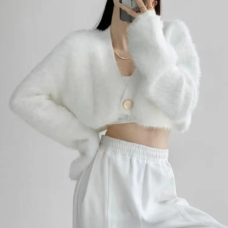 Koean Solid Colo Faux Mink Fu One Button Shot Fuy Jacket Fo Women, 2024 Autumn Loose And Stylish Vesatile Knitted