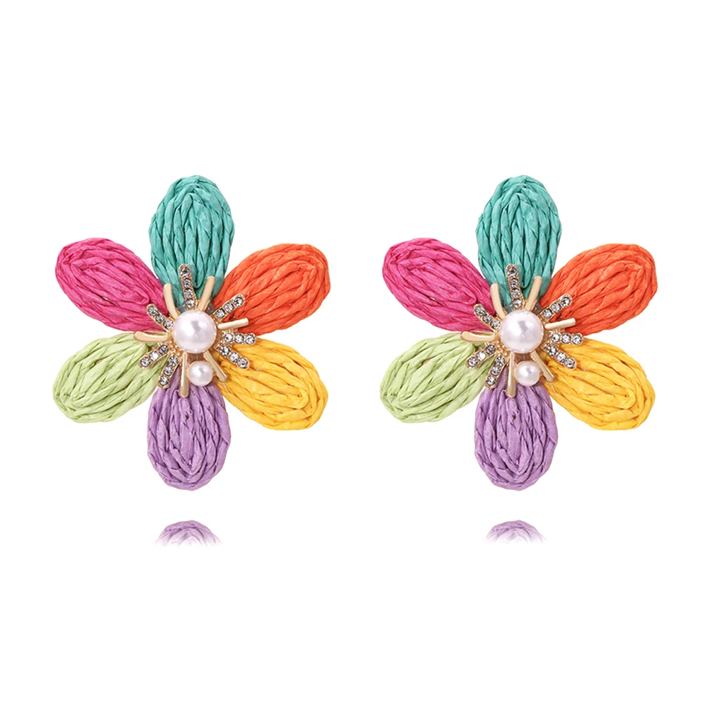 Hand Knit Raffia Flower Boho Resort Style Earrings