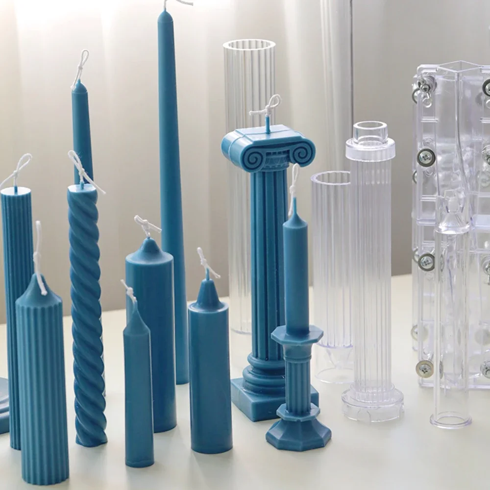 3D Long Pole Acrylic Scented Candle Making Taper Pillar Plastic Moulds Geometry Roman Column Molds Party Candlestick Decor Gifts