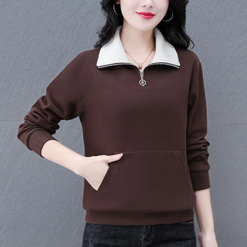 Spring and Autumn Women's Lapel Long Sleeves Contrast Color Loose Plus Size Pullers Zipper Pockets Fashion Casual All-match Tops